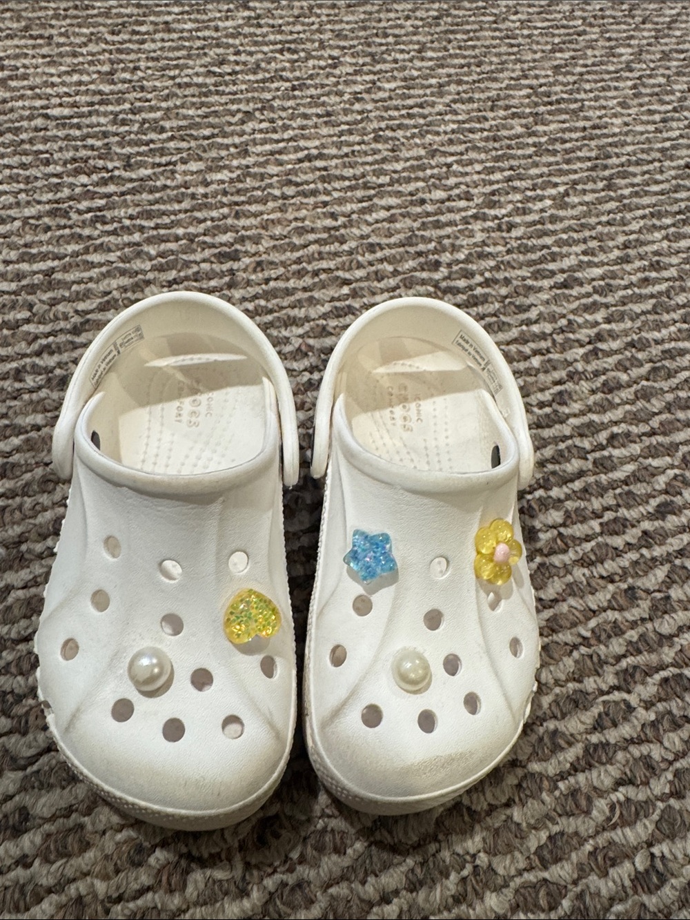 CROCS Kids White Clogs with Yellow Flower, Blue Star & Glitter Heart Charms
